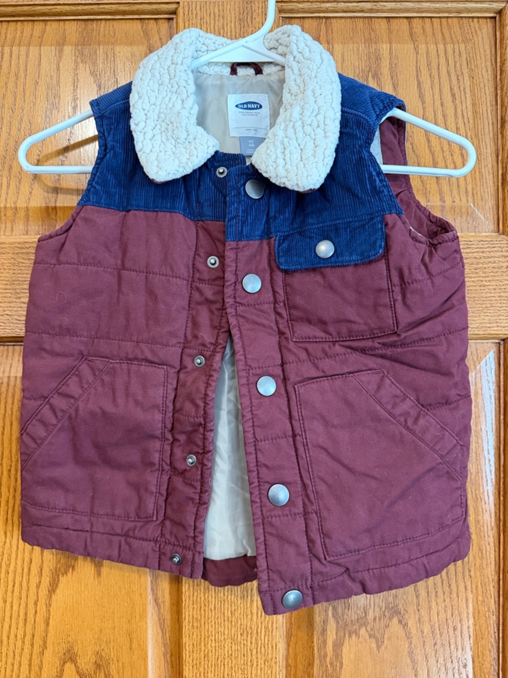 Old Navy Burgundy and Navy Quilted Vest with Sherpa Collar